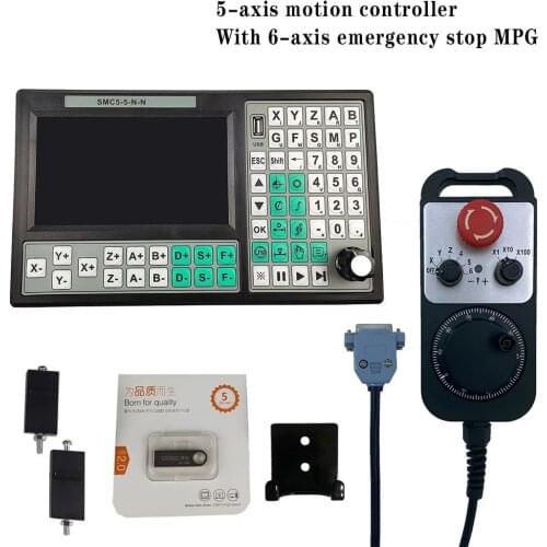 CNC 5-Axis Offline Mach3 USB Controller SMC5-5-N-N 500KHz G-Code 7 inch Large Screen + 6 Axis Emergency Stop Hand Wheel MPG