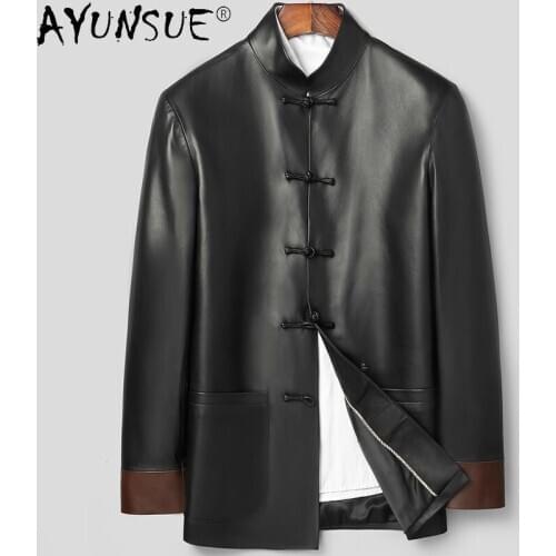 AYUNSUE Mens Genuine Leather Jackets Men Suit Autumn Coat 100% Sheepskin Jacket Stand-up Collar Chinese Clothes Ropa LXR349