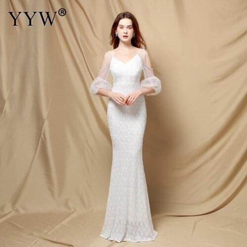 White Elegant Wedding Evening Dress Mesh Puff Sleeve Sequins Party Dresses Engagement Celebration Prom Dress Mariage Vestidos