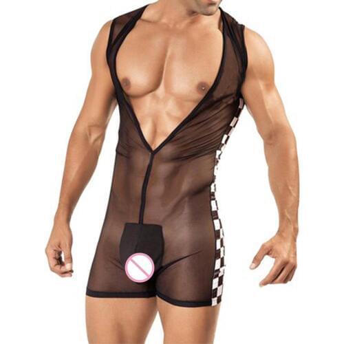Gay Men Underwear See Through Bodysuit Lingerie Deep V Plaid Transparent Mesh Bodywear Fetish Mens Body Suit Jockstrap Hombre