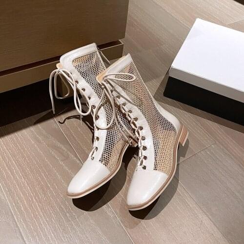 MEZEREON Summer Hollow Boots Leather And Mesh Square Toe Zipper Ankle Boots Rome Gladiator Women Sandals Lace-Up