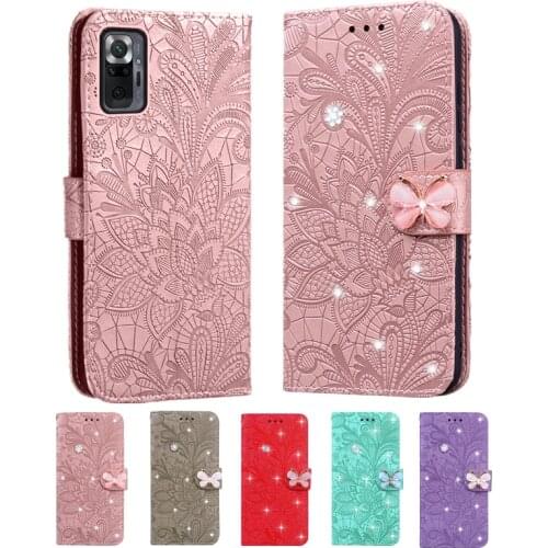 Case For Xiaomi Redmi Note 10 5G Pro Max Case 10S M2101K6G Luxury Diamond Lace Flip Card Slot Wallet Leather Cover Phone Case