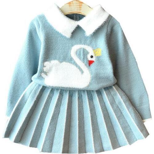 Kids Fall Clothes Girl Clothing Sets Long Sleeve Velvet Swan Knitted Sweater+Tutu Skirt 2pc Princess Set 2-7Yrs Girls Outfits