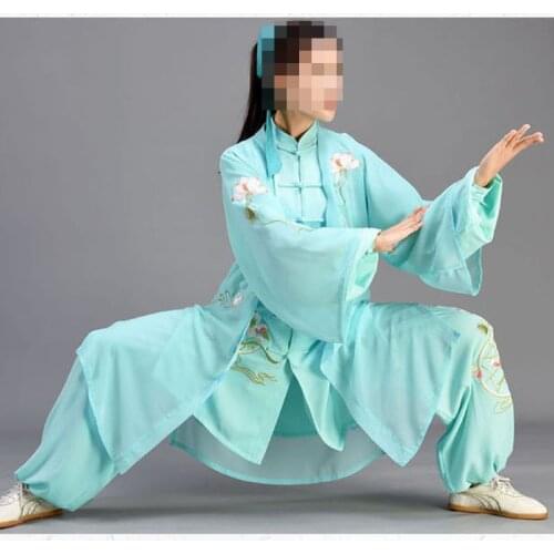 New Customized Spring/Summer Yellow/Green Tai Chi Taiji Clothing Lotus Embroidery Uniforms Performance Wushu Suits