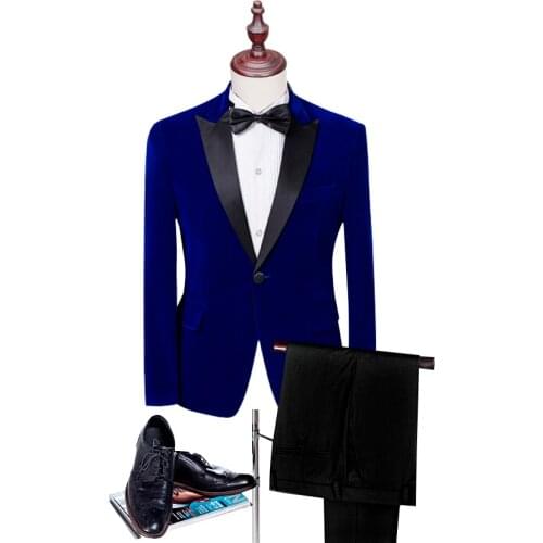JELTONEWIN 2021 Royal Blue Velvet Men Suits Peaked Lapel Groomsman Blazer Custom Made Prom Tuxedos For Men Groom Wedding Suit