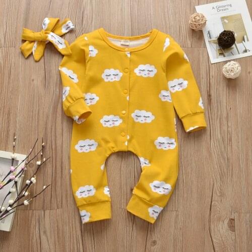 Infant Onesie Newborns Snap Romper With Headband Girls Baby Costume Cloud Print Long Sleeve Cotton Baby Come Home Outfit