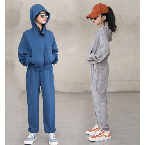 Teenages Girls Hoodie Sets Autumn Hooded Tops Sweatpants Two Pieces Tracksuit for Children Blue Clothes Girl Outfits 12 13 14 Y