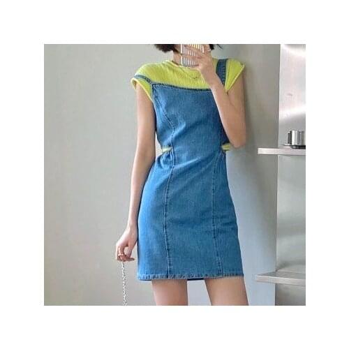Korean denim dress 2021 summer strappy dress Straight hole harajuku sexy dress women club Cotton Casual Regular