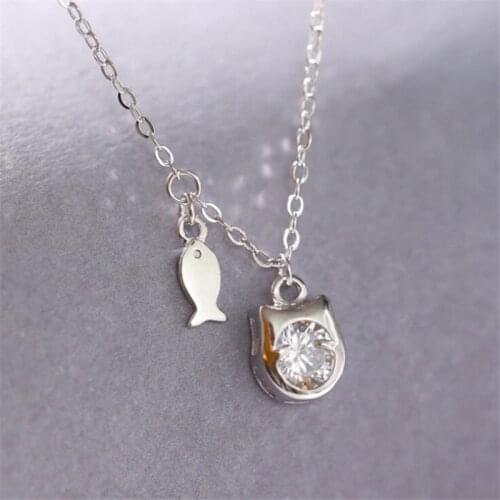 Hot Sale 925 Sterling Silver Cute Zircon Cat & Fish Clavicle Adjustable Chain Necklace For Women Female Colar Choker Gift SN093