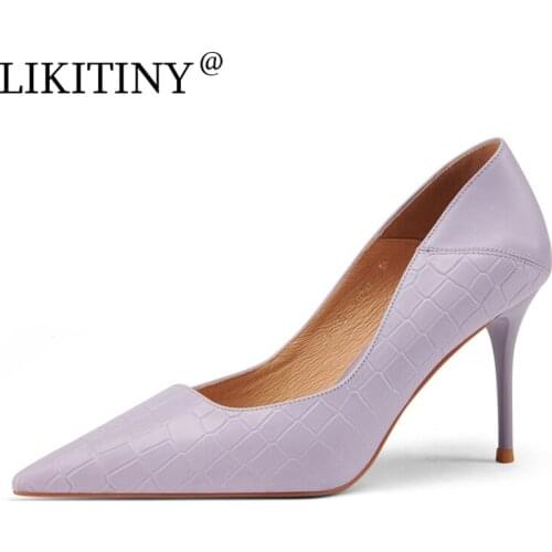 LIKITINY 2021 Spring autumn stilettos heels Genuine leather Pumps sexy High heels Office lady Pointed toe Wedding shoes size 33