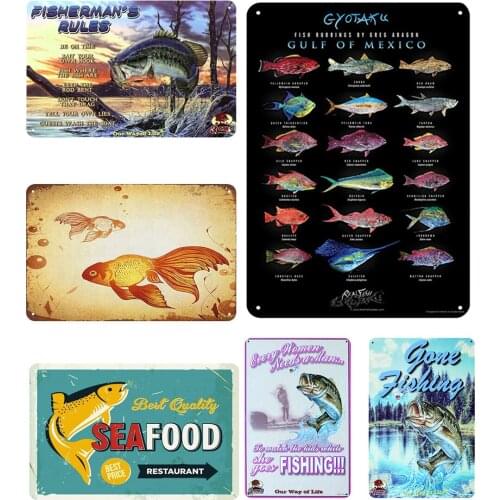 Gulf of Mexico Variety Kind of Fishes Vintage Metal Plate Fishermans Rules Best Seafood for Gamer Room Shabby Chic Decoration
