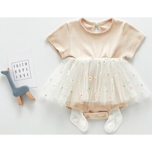Adorable short sleeve romper newborn baby girls daisy embroidery jumpsuit infant kids bodysuit princess mesh tulle dresses