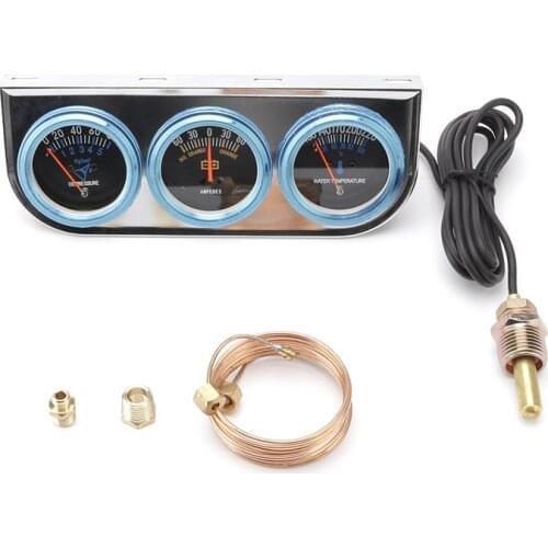 2" 52mm Chrome Car 3 In 1 Triple Gauge Set Kit Mechanical AMP Meter Water Temp Oil Pressure 12V Voltage Celsius Temperature Dial