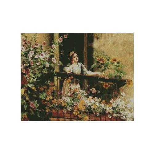 Girl on the Balcony Top Quality Embroidery Needlework 14CT Unprinted Cross Stitch Kit DIY Art Handmade Home Decor