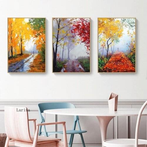 Autumn Path Landscape Oil Painting Yellow Red Fallen Leaves Prints Canvas Art Poster Wall Decor Pictures for Living Room Home