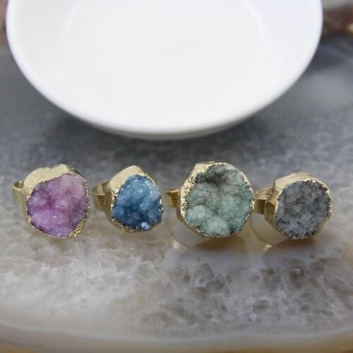 Oval Multi-Colors Stone Agates Druzy Adjustable Rings,Natural Quartz Geode Drusy Women Finger Rings DIY Jewelry Party Gift