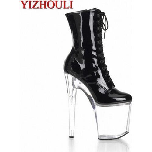Sexy womens fashion tie boots/sexy 20cm high heels/black PU leather shoes/sexy transparent platform ankle boots