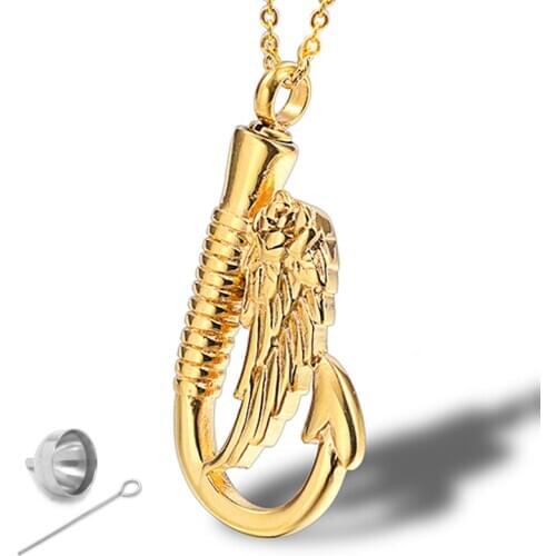 RIR Hook Shaped Urn Cremation Pendant Necklace Wings Memorial Urn Jewelry In Stainless Steel