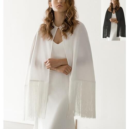 Wedding Bridal Chiffon Long Tassel Cape Party Formal Female Cloak O-neck Prom Women Shawl Soft Elegant Bolero Black Shrug