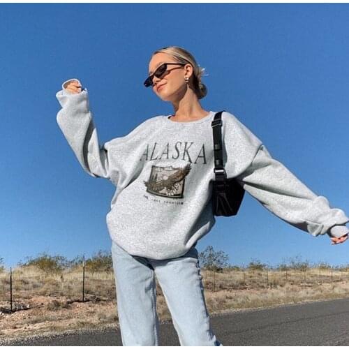 Women Fashion Autumn Sweatershirts Adults Vintage Eagle & Letter Print Long Sleeve Round Neck Loose Pullovers Streetwear