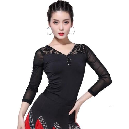 Fashion V-neck Latin Dance Tops New Adult Female Half Sleeved Practice Clothes Women Ballroom Dance Stage Performance Costumes