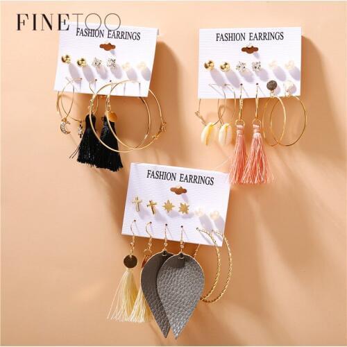 Bohemian Mixed Geometric Circle Hoop Tassel Earring Set Fashion Cross Star Moon Crystal Stud Earrings for Women Pendientes