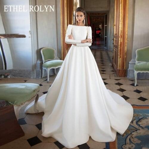 ETHEL ROLYN Backless Satin Vintage Wedding Dress 2021 Princess Bride Dresses Scoop Long Sleeve Wedding Gowns Vestido De Noiva