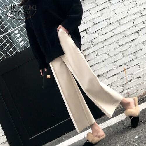 Wide Leg Pants 2019 Autumn and Winter Korean Women Ankle-length Pants High Waist Straight Pants Female Pocket Trousers 6990 50