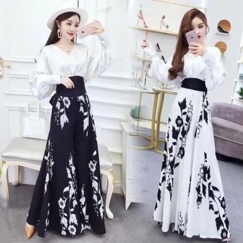 2021 Spring And Summer Clothes For Women New Two Piece Suit Foreign Style Long Sleeve Shirt Printing Wide Leg Pants Womens High