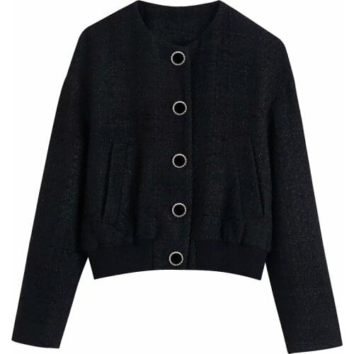 Za Women Spring Autumn Fashion Single Breasted Tweed Check Stand Collar Blazers Coat Vintage Long Sleeve Jacket Outerwear