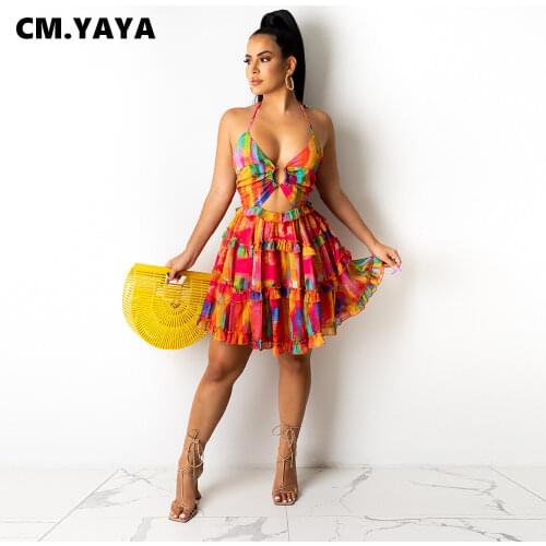 CM.YAYA 2021 Women Dress Sleeveless Strap Bandage Print V-Neck Pleated Fashion Streetwear Summer Beach Boho Sexy Mini Dresses