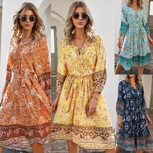 2021 Spring New Sexy V-Neck Floral Print Dress Women Casual High Waist Dress Summer Chiffon Holiday Style with 7-Point Sleeves