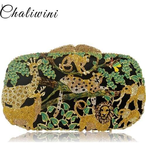 Animal Zoo Jungle Tiger Deer Metal Women Crystal Evening Bag Clutches Minaudiere Handbag Hard Bridal Wedding Party Clutch Purse