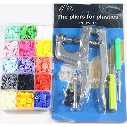 1Set Metal Press Pliers Tools Used for T3 T5 T8 Kam Button Fastener Snap Pliers+150 Set T5 Plastic Resin Press Stud Cloth Diaper