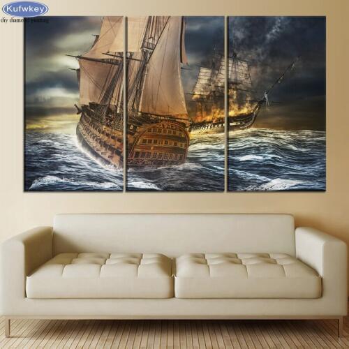 3 Piece 5d DIY Diamond Embroidery Ships Sea Storm Battle Scene Full square Diamond Painting Cross Stitch Diamond Mosaic decor