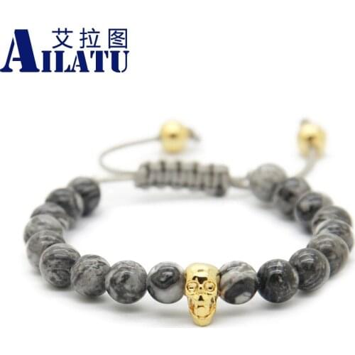 Ailatu Fashion Jewelry Wholesale 8mm Grey Picture Stone Beads High Quality Gold-Color Plated Macrame Skull Bracelet
