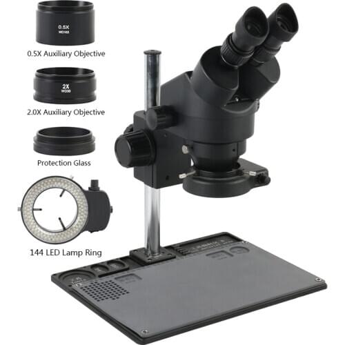 3.5x-90x Continuous Zoom Binocular Stereo Microscope +0.5X 2.0x Objective Lens+Multifunction Aluminum Alloy Stand For PCB Repair