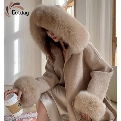 Cotday Plus Size Real Fox Fur Collar Fashion Womens Cashmere Coat Luxury Wool Cardigan Hooded Outerwear With Belt Manteau Femme