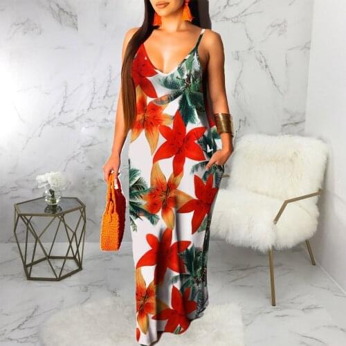 Floral Printed Vintage Floor Length Party Dress Woman Elagant Sleeveless Deep V-neck Beach Dress Fashion Loose Maxi Long Dress