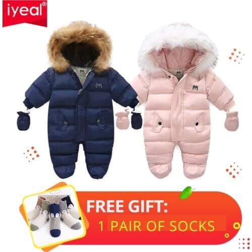 IYEAL Winter Baby Clothes With Hooded Fur Newborn Warm Fleece Bunting Infant Snowsuit Toddler Girl Boy Snow Wear Outwear Coats