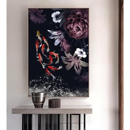 DK-ART Wall Art Painting Prints on Canvas Wall Goldfish and peony Flowers Picture Modern Home Wall Decorative Pictures Cuadros