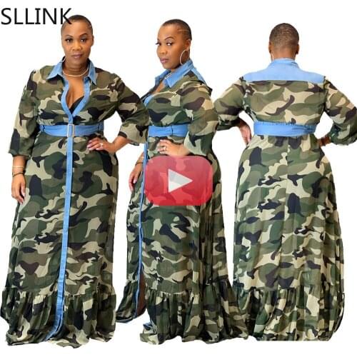 European and American Hot plus Size Fat Woman Camouflage Printed Long Sleeve Mopping Long Shirt Dress