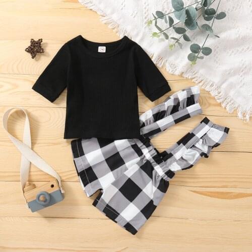 FOCUSNORM 0-24M Lovely Baby Girls Clothes Sets 2pcs Solid Short Sleeve T Shirts Tops Plaid Printed Overalls Shorts