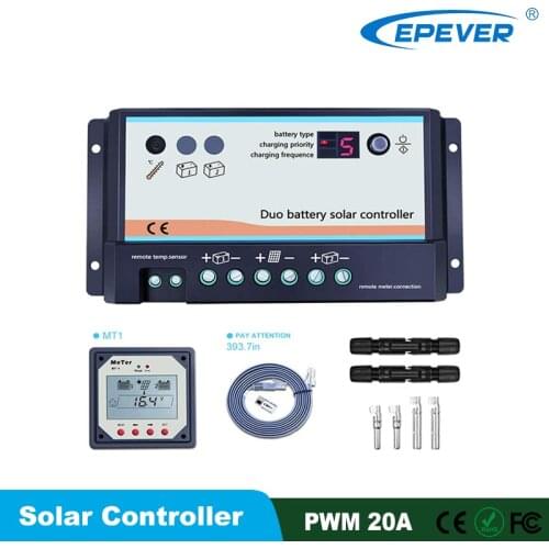 EPever PWM DB-20A Dual Battery Solar Charge Controller 12V 24V Auto Remote Meter MT-1 and connector Regulators Two Solar System
