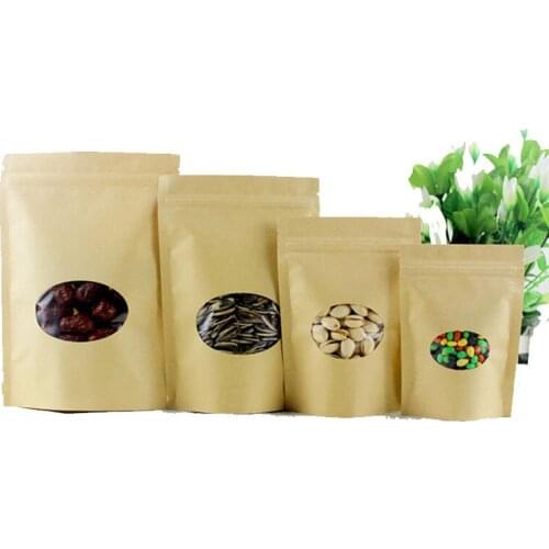 50pcs Round Brown Kraft Paper Bags For Gifts/candy/tea/food/wedding With Window Stand Up Zipper Kraft Bags Crafts Packing Bag