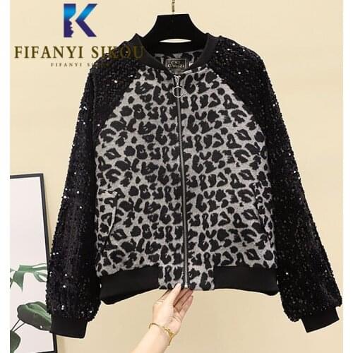 Leopard Print Jacket Women Sequins Spliced Fashion Short Coat Spring Autumn Loose O-Neck Zipper Bomber Jacket Female 2021 New