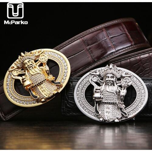 McParko Luxury Crocodile Belt For Men Genuine Leather Belt with Rhinestone Chinese Style Mascot GOD of Wealth Trouser Waist Belt