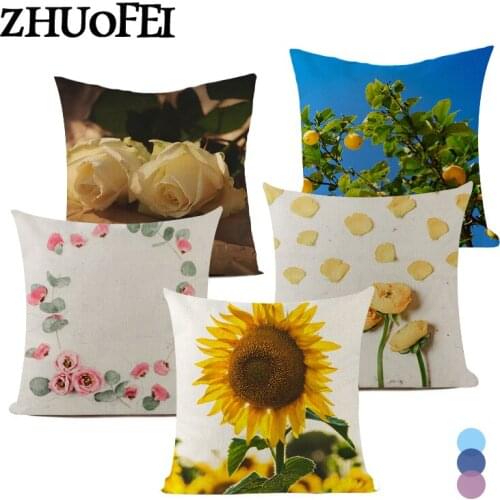 Personality Beautiful Linen Cushion Covers Sunflower Rose Flowers Pillow Case Farmhouse Decor Car Sofa Chair Pillow Cover C0016