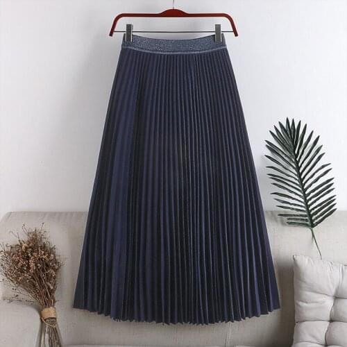 2020The new autumn and winter high waist was thin A-shaped big swing elastic waist solid color pleated High Waist Skirts
