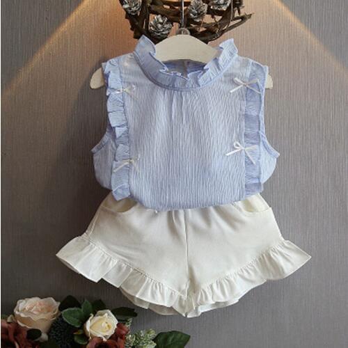 Summer New Girls' Clothes Sets Bow Tie Ruffled Sleeveless Top+ Shorts 2PCS Suit Toddler Baby Kids Outfits Childrens Clothing